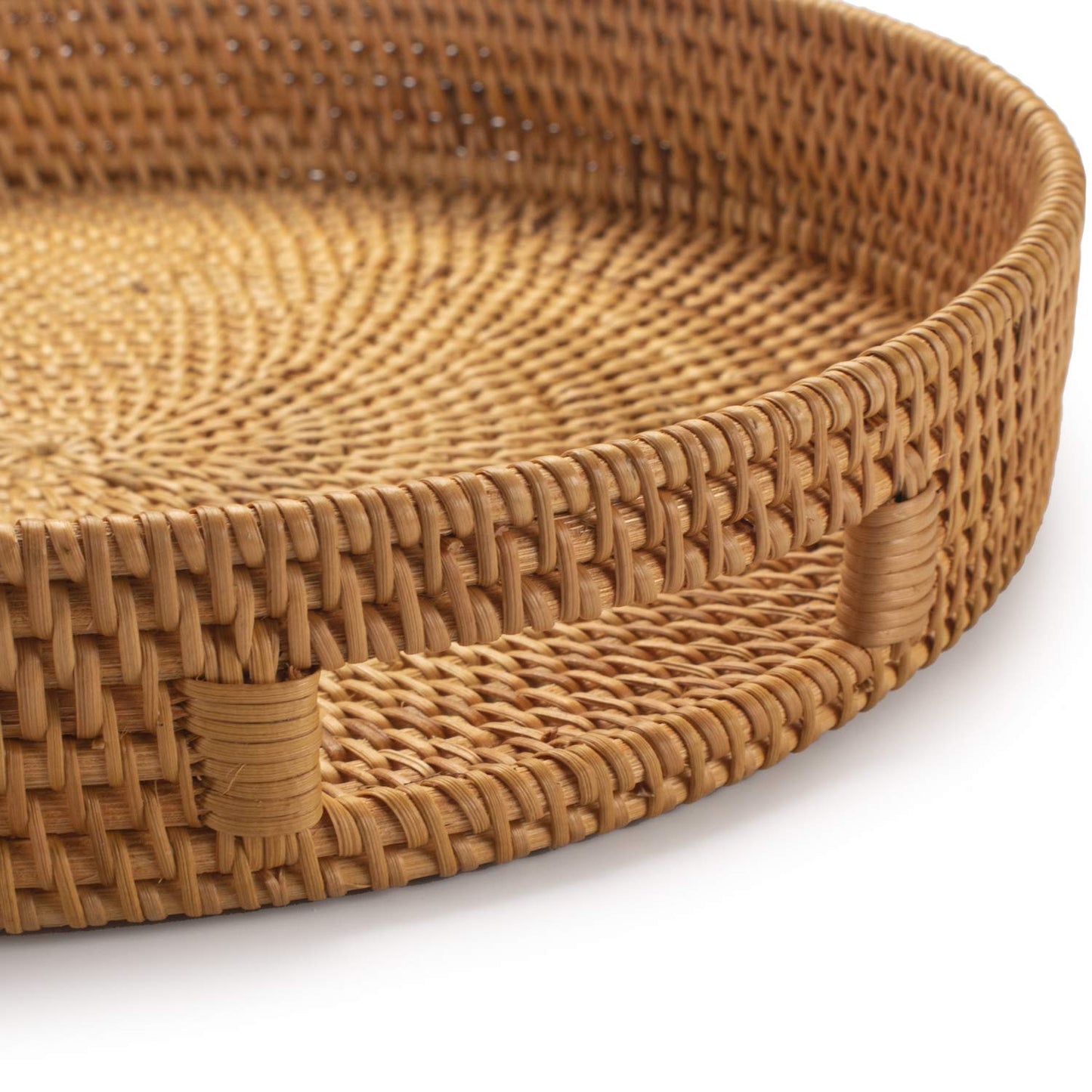 Coffee Table Tray Round Rattan Ottoman Tray Woven Serving Trays with Handles for Home and Kitchen Decorative Natural (Large 14 inch x 2.4 inch)