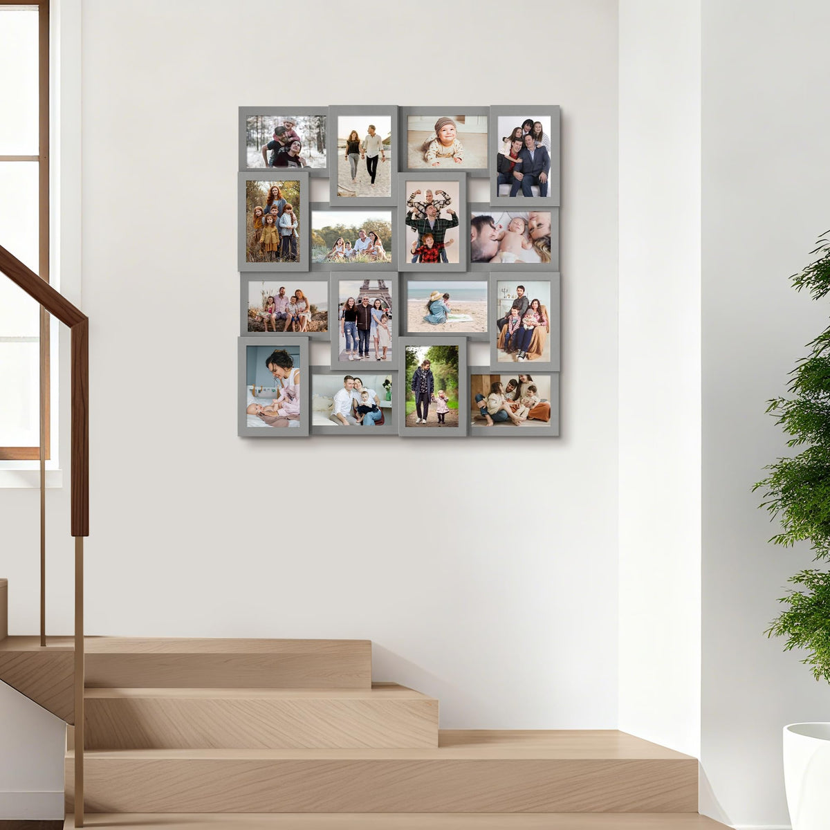 J.M.Deco Collage Picture Frames for Wall 16 Opening, Large Photo Frame Collage Wall Hanging for 4x6 Photo, Reunion Friends Family Memory, Christmas Gift - Grey