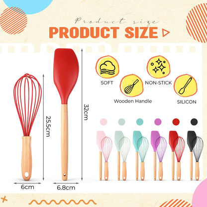 Funnymoom 12 Pcs Small Silicone Whisks and Spatulas with Wooden Handle for Cooking 10 Inch Mini Whisk Spatula Non Stick Kitchen Baking Essentials Cookware for Valentines Day Party Favor Gift Supplies