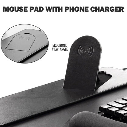 15W Fast Charging Desk Mouse Pad,View Angle Ergonomic Foldable Magnetic Phone Charger,35.4x15.7in PU Leather Large Wireless Charging Desk Mat with Keyboard & Mouse Wrist Rest for Gaming,Office,Mac