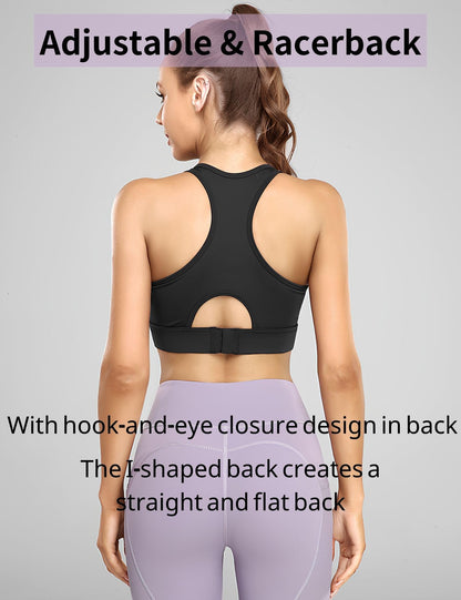 Sports Bras Women High Impact, Seamless Racer Back Padded Support Comfort Bra, Adjustable Running Bra Women High Impact, Ladies Sports Bras for Yoga Gym Workout Fitness Black(M)