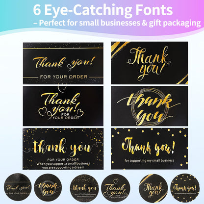 670Pcs Thank You Cards and Stickers Set- 500 Thank You for Supporting My Small Business Stickers & 120 Cards with 50 Resealable Packaging Bags, Small Business Essentials (Black)