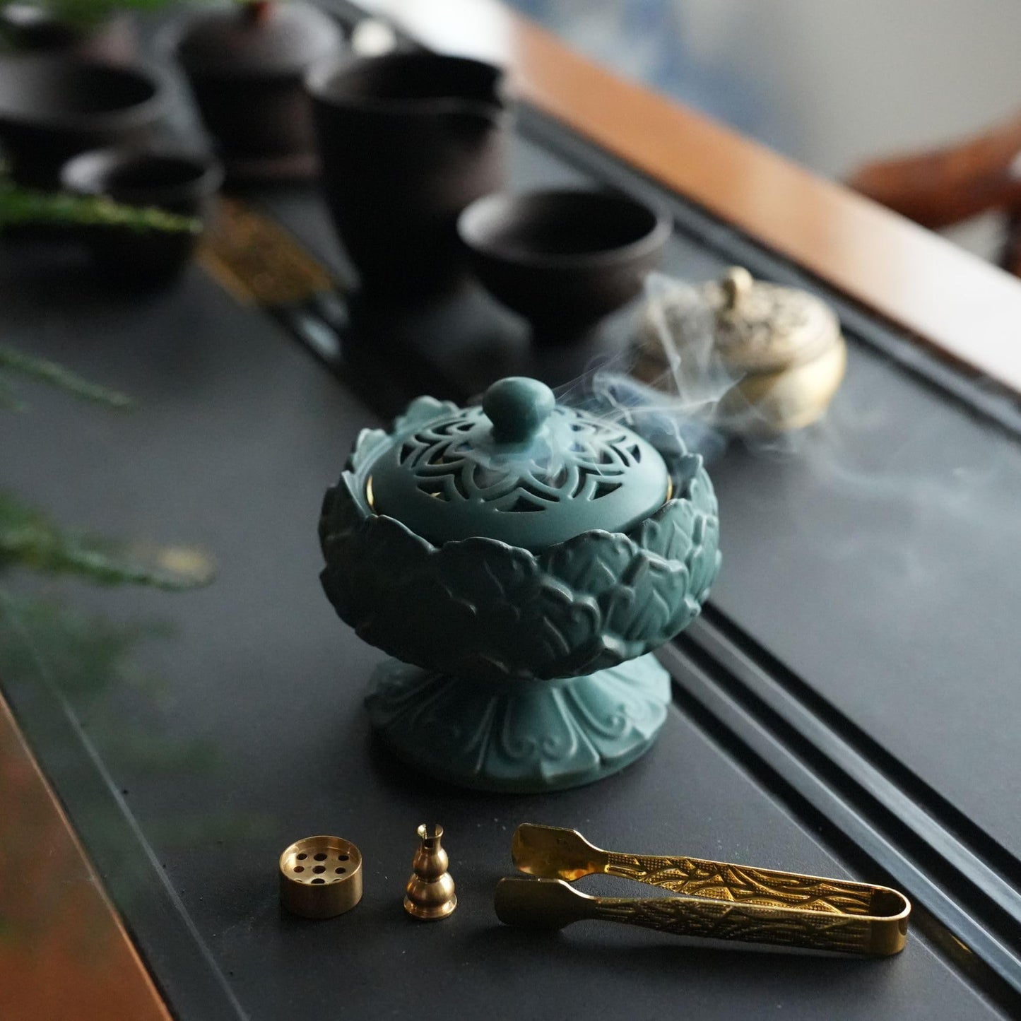 Ceramic Incense Burner for Frankincense, Bakhoor, Charcoal, Stick, Powder, Cone, Coil, and Tower Incense - Accessories for Meditation and Aromatherapy with Tweezers