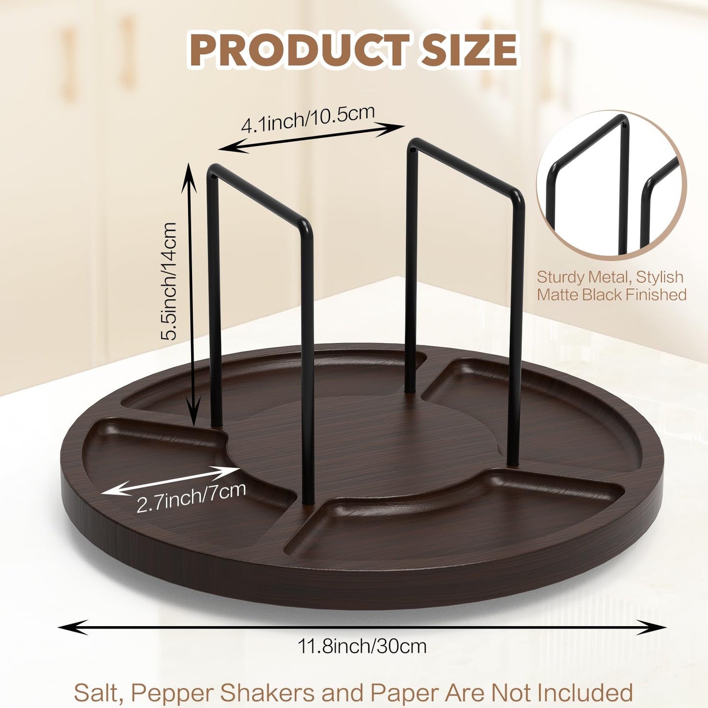 FODIENS Napkin Holder for Table, Rotating Napkin Dispenser with Salt and Pepper Shakers Storage, Standing Paper Napkin Organizer for Kitchen Dining Table Decor (1, Brown Round)