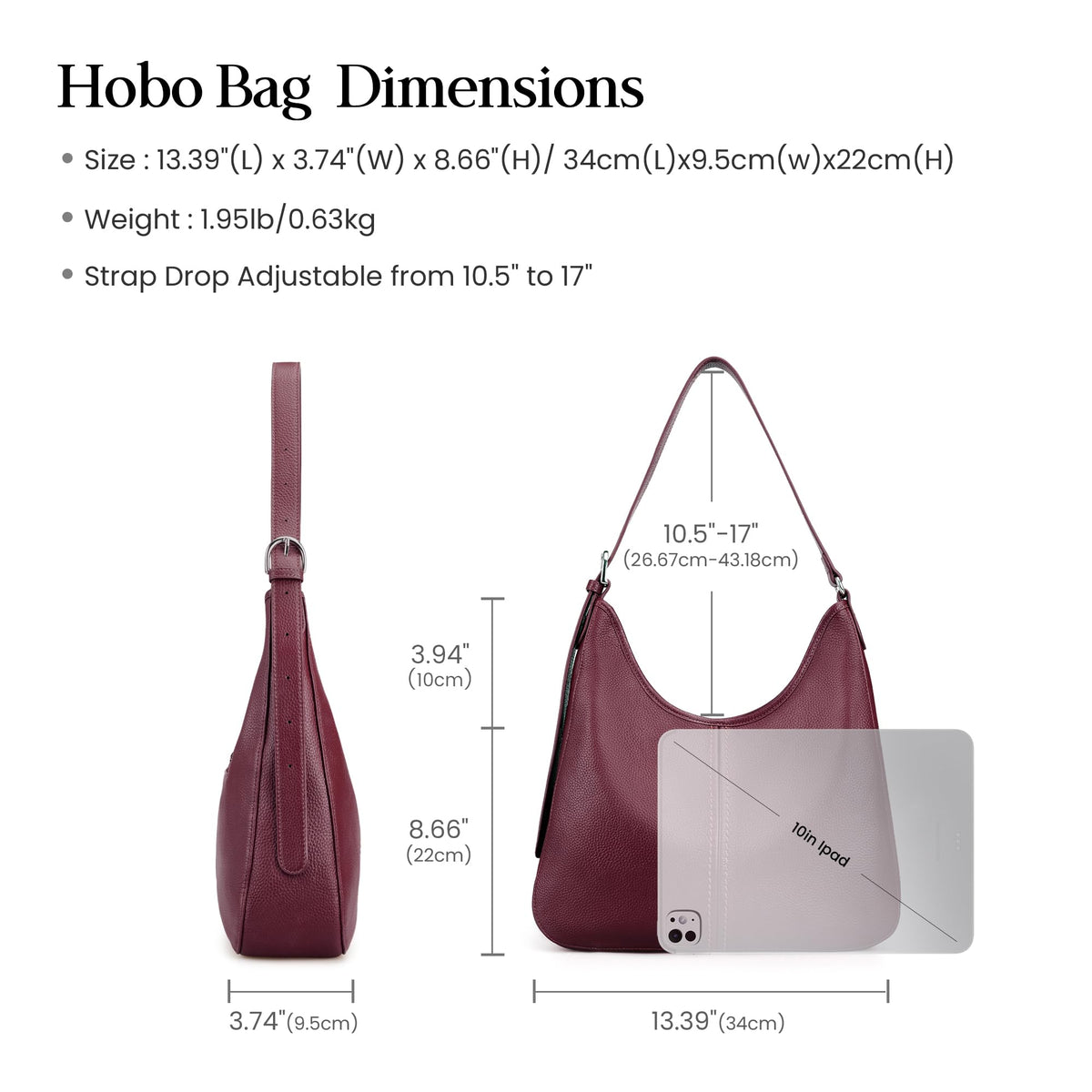 befen Genuine Leather Hobo Bags for Women, Soft Real Leather Women's Shoulder Bag Handbags, Shoulder Purse Designer Bags with Adjustable Strap for Daily Work Travel Fall Fashion, Burgundy