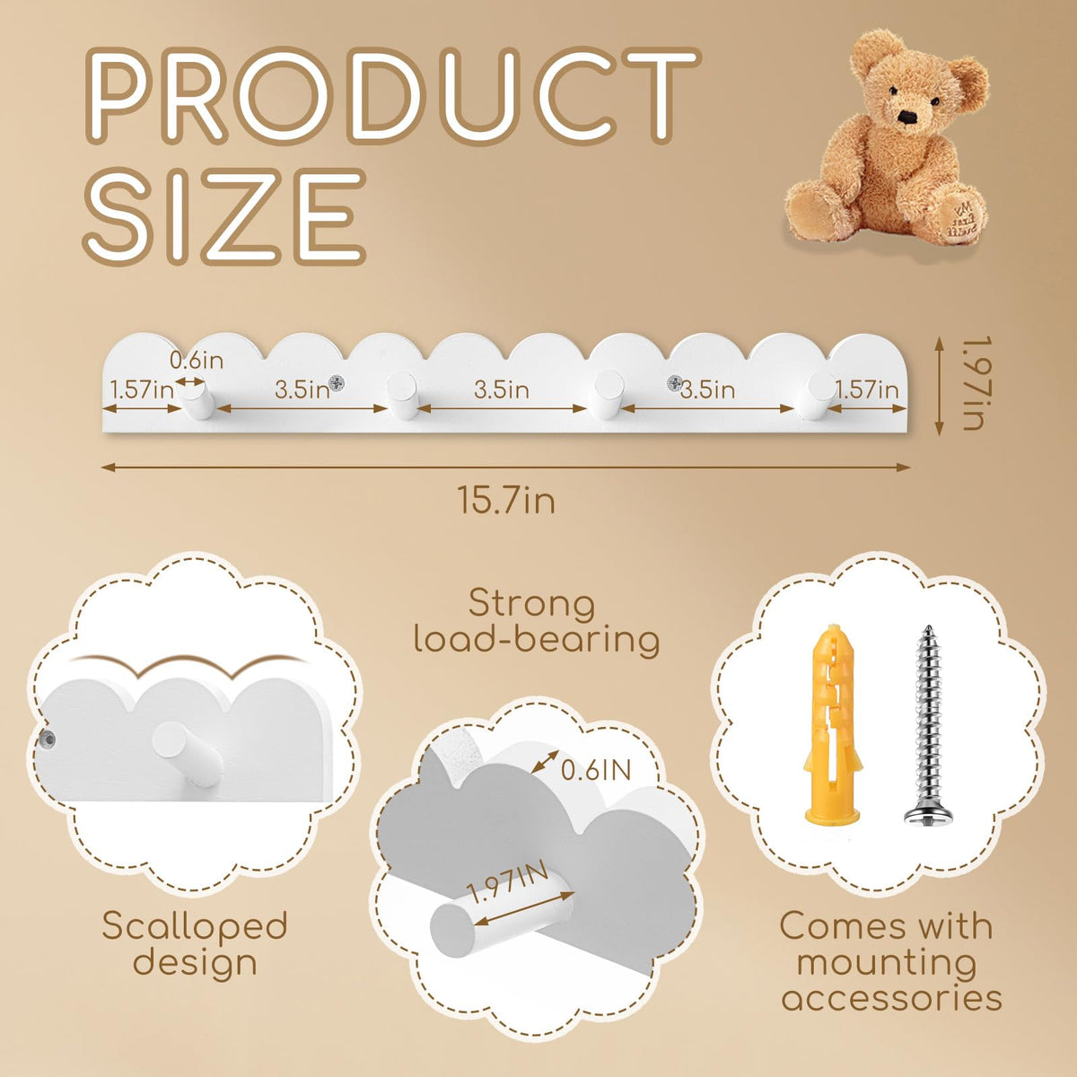 Leinuosen 2 Pack Scalloped Coat Rack Wall Mount Cute Nursery Wall Hook 16 Inch 8 Hooks Wood Backpack Hanger for Toddler Kids Clothes Hat Towel Keys Bathroom Classroom Playroom Nursery Decor