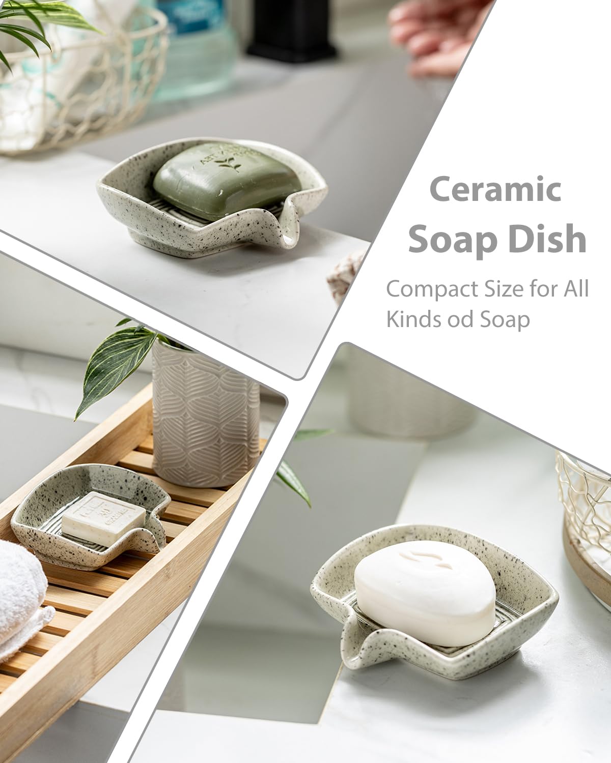 Self Draining Soap Dish, Ceramic Drain Soap Holder Waterfall Design Soap Saver for Shower, Bathroom, Sink, Kitchen and Countertop, Keeps Dry, Speckled Glaze