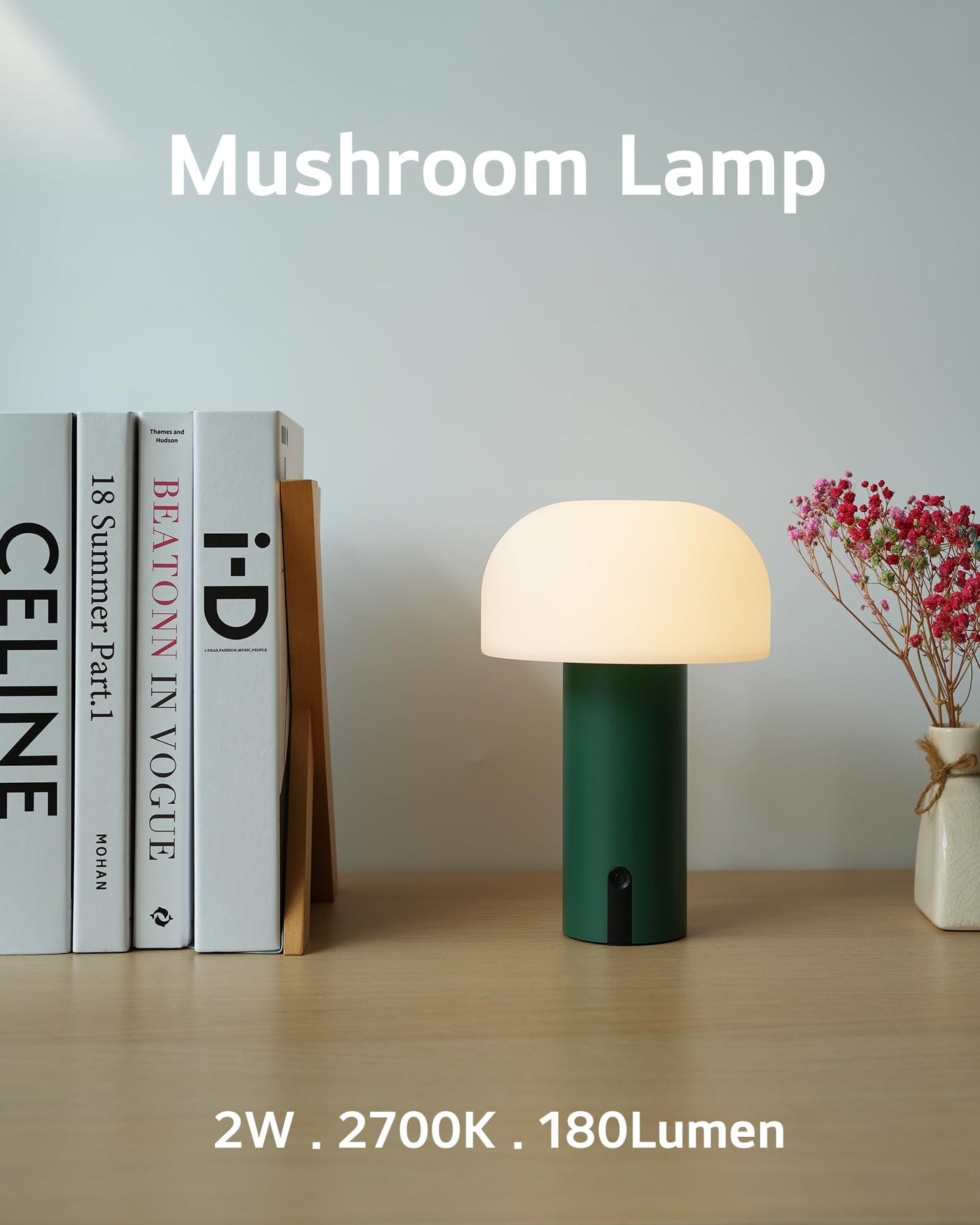 WEILAILUX Cordless Mushroom Table Lamp, Waterproof Shower Lamp, Battery Operated Table Lamp Rechargeable, Touch Dimmable Night Light for Bedroom/Patio/Camping/Dinning/Outdoor (Green)