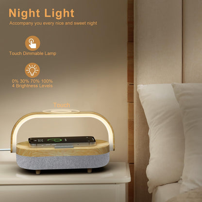 iGaur Nightstand Lamp with Wireless Charger,4 in 1 Touch Bedside Lamp Bluetooth Speaker,Portable Dimmable LED Night Light,Corporate Gifts Premium for Employees Clients,Birthday Gifts Women Wife Friend