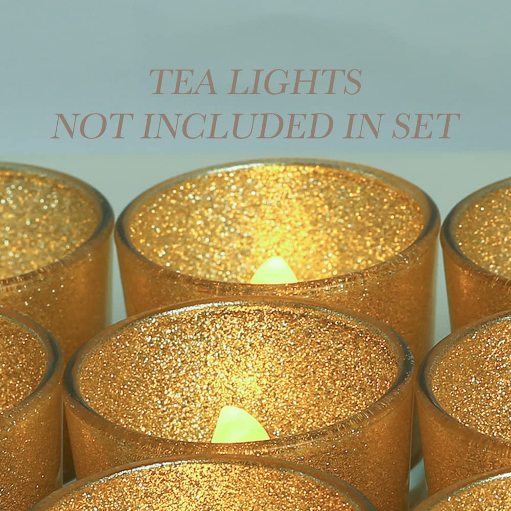 Gold Votive Candle Holders, BeMoment Glitter Glass Tealight Candle Holder for Christmas, Wedding Decor and Home Decor, Festival, Xmas, Holiday, Set of 12(2”×2”)