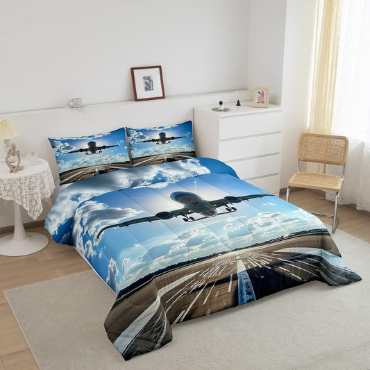 Manfei Airplane Bed Comforter Set Queen Size,Vintage Aircraft Photography Military Style Super Soft Microfiber Bedding Set for Adults Teens,Glitter Sunshine Blue Sky Plane Comforter Set,2 Pillows