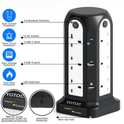 Tower Extension Lead,12 Way Surge Protected Extension Lead with 4 USB(5V 4.8A) Slots,2 USB-C(5V 3A),3250W Power Strip with 4 Individual Switches and 3M/9.8ft Extension Cable for Home,Office,School