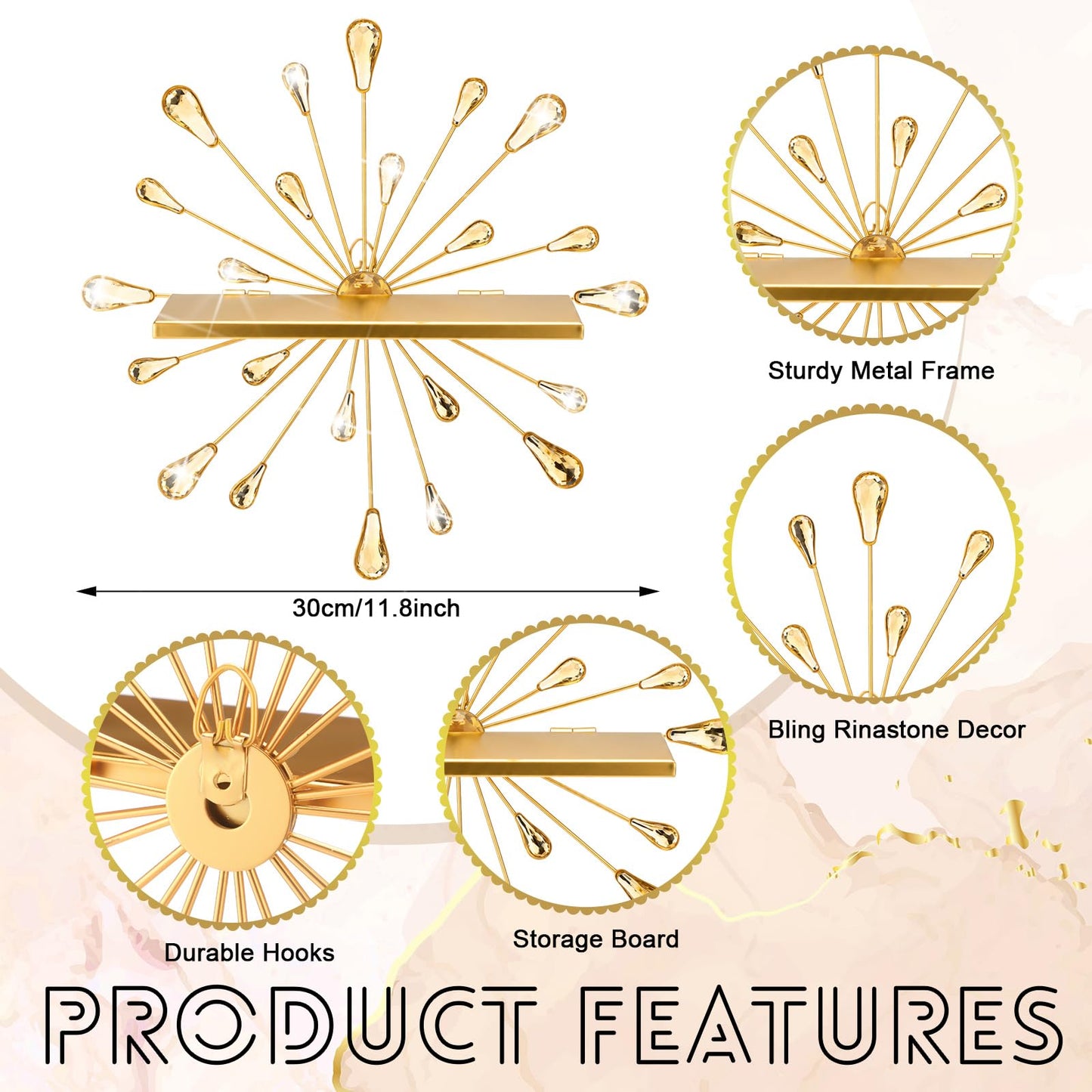 Yaocom 3 Pcs Bling Crystal Floating Shelves Metal Starbursts Wall Decor Folding Shelf Gold Corner Shelves Hanging Wall Mounted for Storage Bedroom Bathroom Living Room Kitchen Office Home Decoration