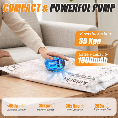 Airlocky Travel Vacuum Storage Bags with Pump, 12 Pack Carry-on Compression Packing Bags + Portable Electric Pump, 80% Space Saver of Clothes, Vacuum Seal Bags for Clothing Travel Luggage