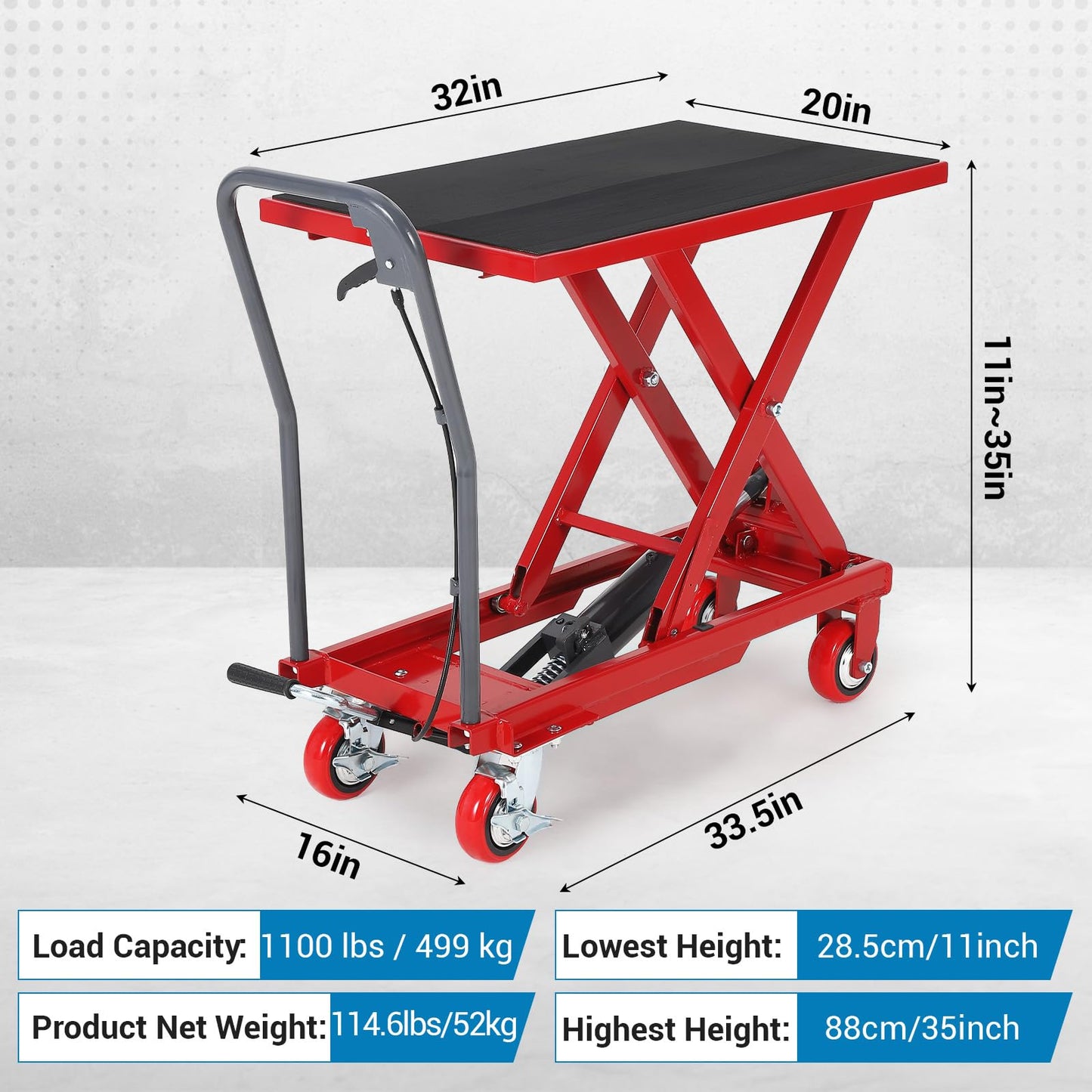 Garvee Hydraulic Lift Table Cart, 1100 LBS Capacity 32" Lifting Height Single Scissor Lift Table with 4 Wheels & Non-Slip Pad, for Material Handling and Transportation, Red
