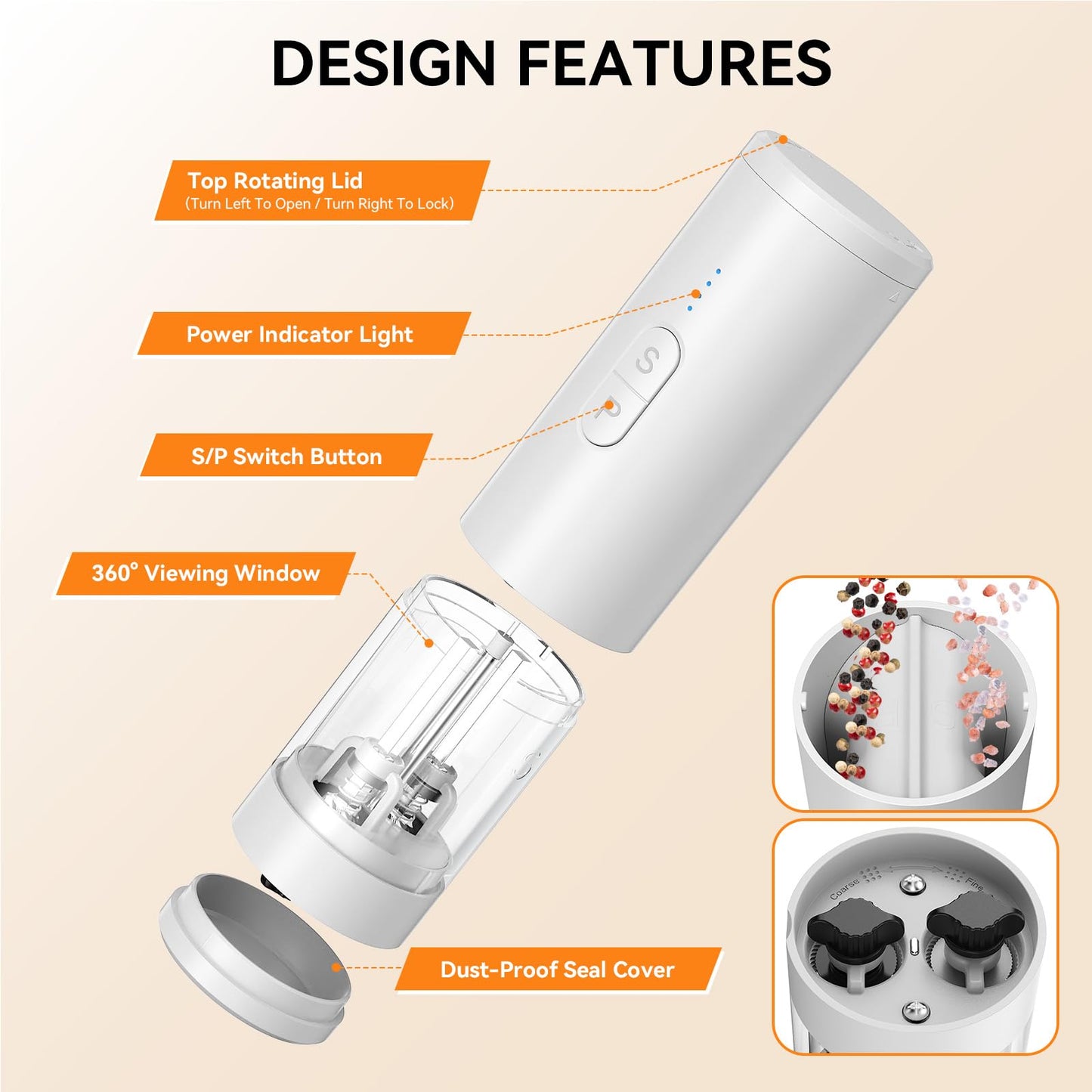 HeatBay 2 in 1 Electric Salt and Pepper Grinder Set, USB Rechargeable, Automatic Salt and Pepper Mill Shakers with Battery Display, LED Light, Adjustable Coarseness(White)