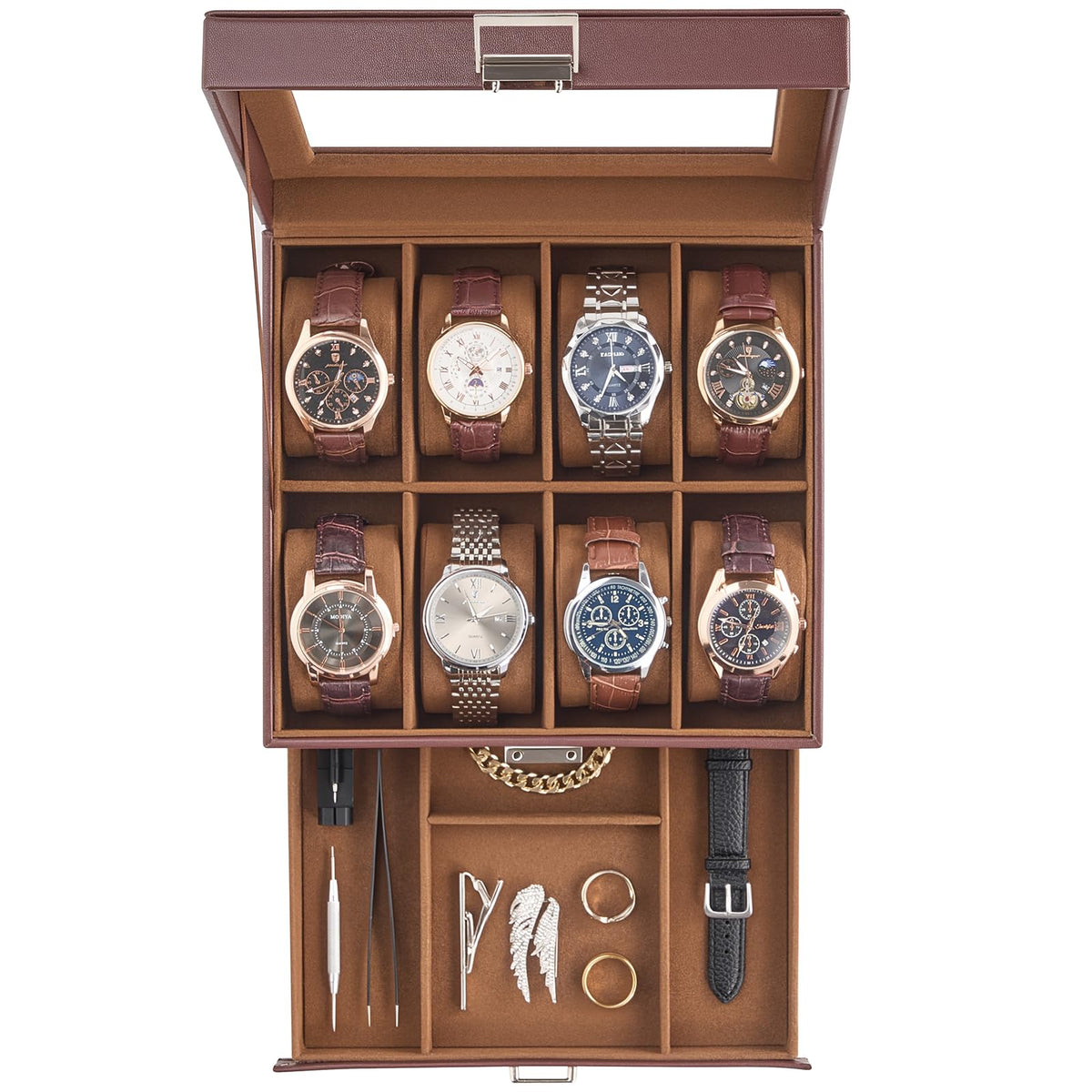 ProCase Watch Case, 8 Slot Mens Watch Box Holder Organizer with Glass Lid, 2-Layer Watches Display Case, Mens Jewelry Box with Drawer, Birthday Valentine Gifts for Men Women -8 Slot, Espresso