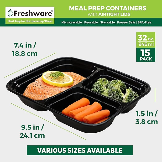 Freshware Bento Box Meal Prep Containers, 3-Compartment, 32 ounce