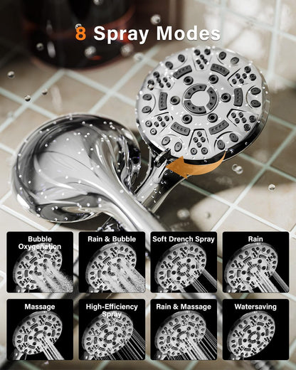 Cobbe Shower Head with Hose, High Pressure Shower Heads with 8 Spray Modes, Universal Bathroom Water Saving Shower Head Set, Large Powerful Flow Rain Showerhead for Low Water Pressure