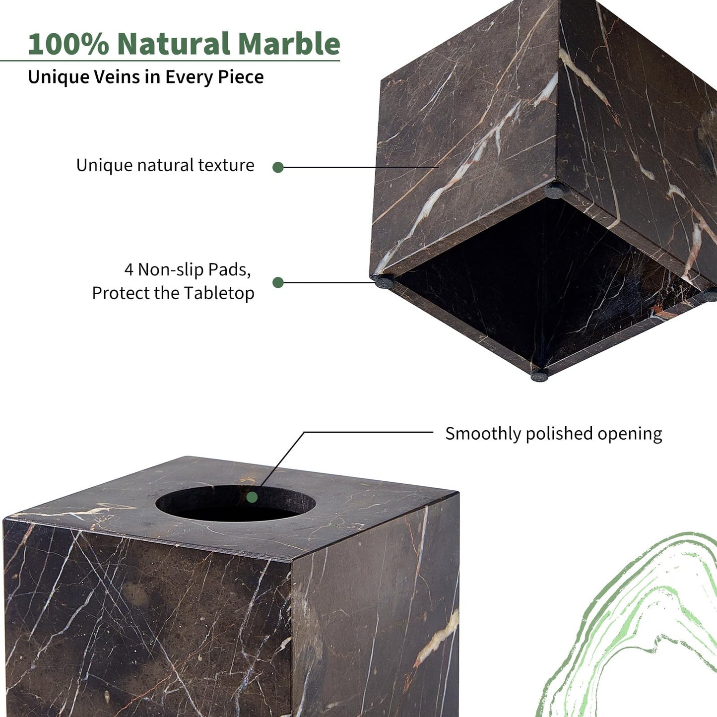Real Natural Marble Tissue Box Cover, 5.5 Inch Square Marble Tissue Box Holder with Open Bottom, Heavy Stone Decorative Organizer for Bathroom Vanity, Kitchen Countertop, Luxury Home Décor