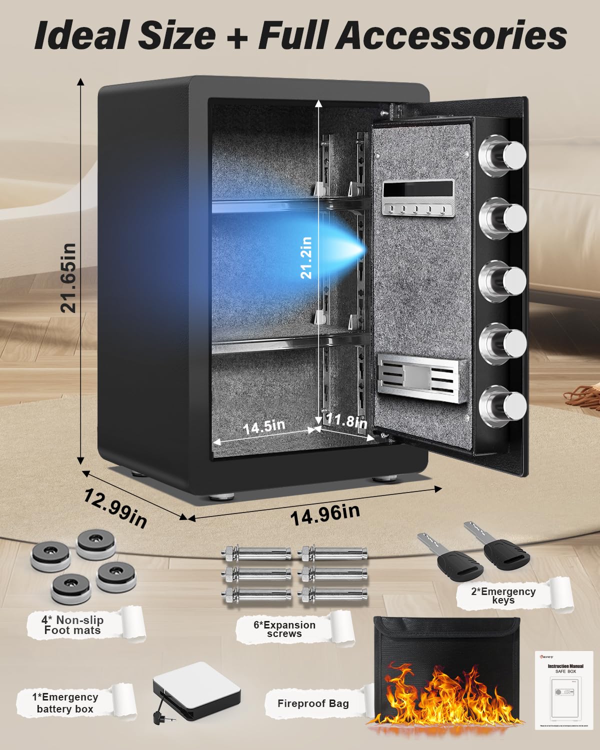 Kavey 2.5 Cub Biometric Safe Box, Fingerprint Safe with Fireproof Waterproof Bag, Security Safes with Backlit Touch Screen Keypad, Dual Alarm System for Home Office 13"D x 14.96"W x 21.65"H