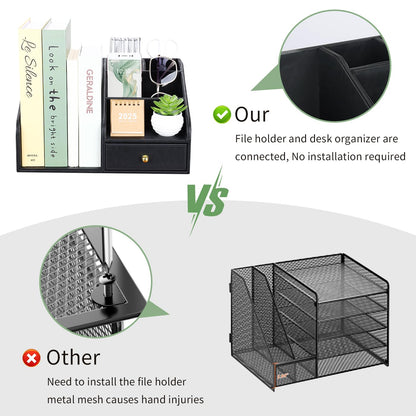 GORESE PU Leather Desk Organizer, File Organizer with Drawer and 4 Compartments, Desktop Organization with Magazine file Holder for Office Supplies, Elegant Gift for Men Who Have Everything, Black