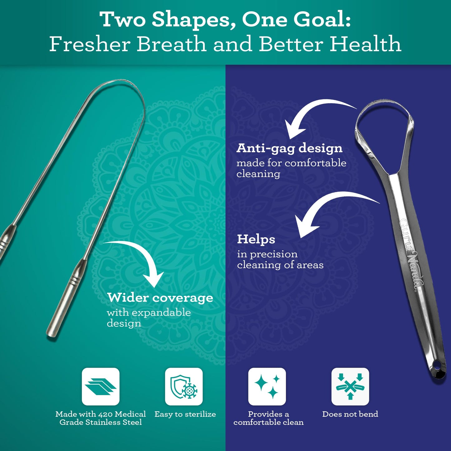 GuruNanda Tongue Scraper for Adults (2 Pack) with Travel Case, 420 Medical-Grade 100% Stainless Steel Tongue Cleaner, Aids in Fresh Breath & Oral Care