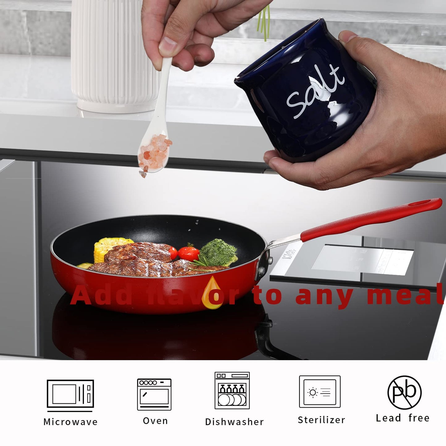 ONTUBE Ceramic Salt Bowl with Lid and Spoon 12oz White (Navy)