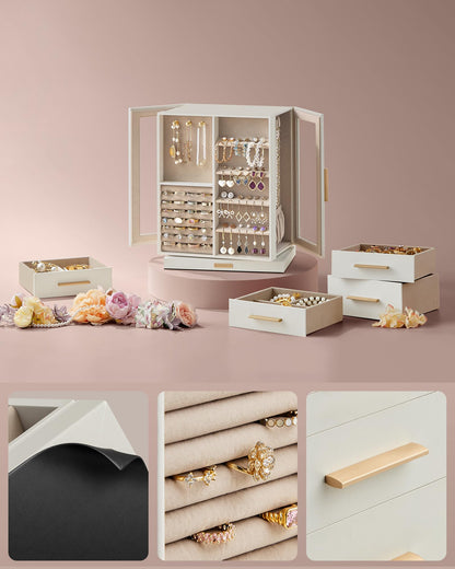 SONGMICS Jewellery Box 360° Rotating, Jewellery Organiser with 5 Drawers, Jewellery Display Case, Glass Window, Spacious, Vertical Jewellery Storage, Open Design, Great Gift, Cloud White JBC170W01