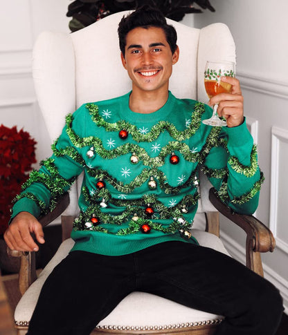 Tipsy Elves Men's Ugly Christmas Sweaters - Funny and Tacky Embellished Christmas Sweaters for Men - Green Gaudy Garland Christmas Sweater with Tinsel and Ornaments Size Large