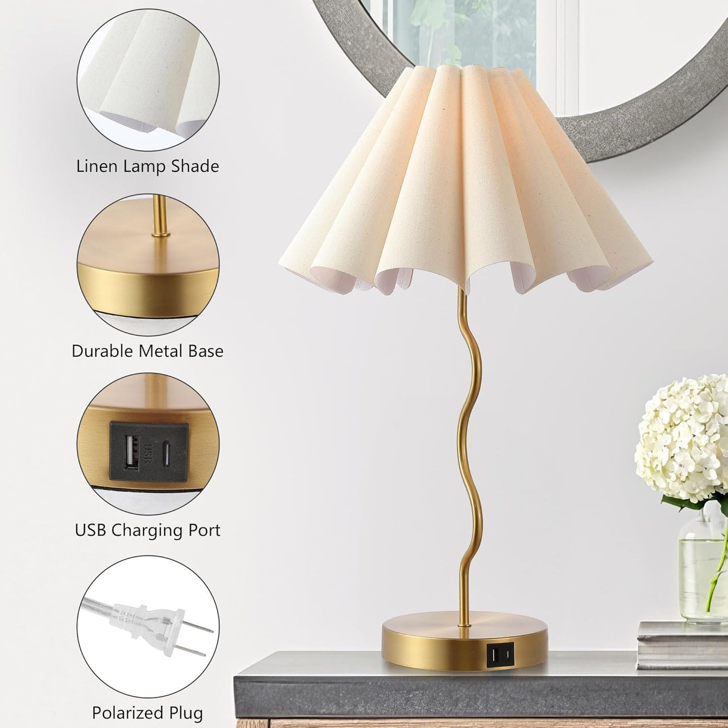 EOEYYOYB Pleated Table Lamp, Table Lamp for Bedroom, Bedside Lamps for Nightstand with Linen Lampshade, Modern Lamp for Bedroom Home Office Decor