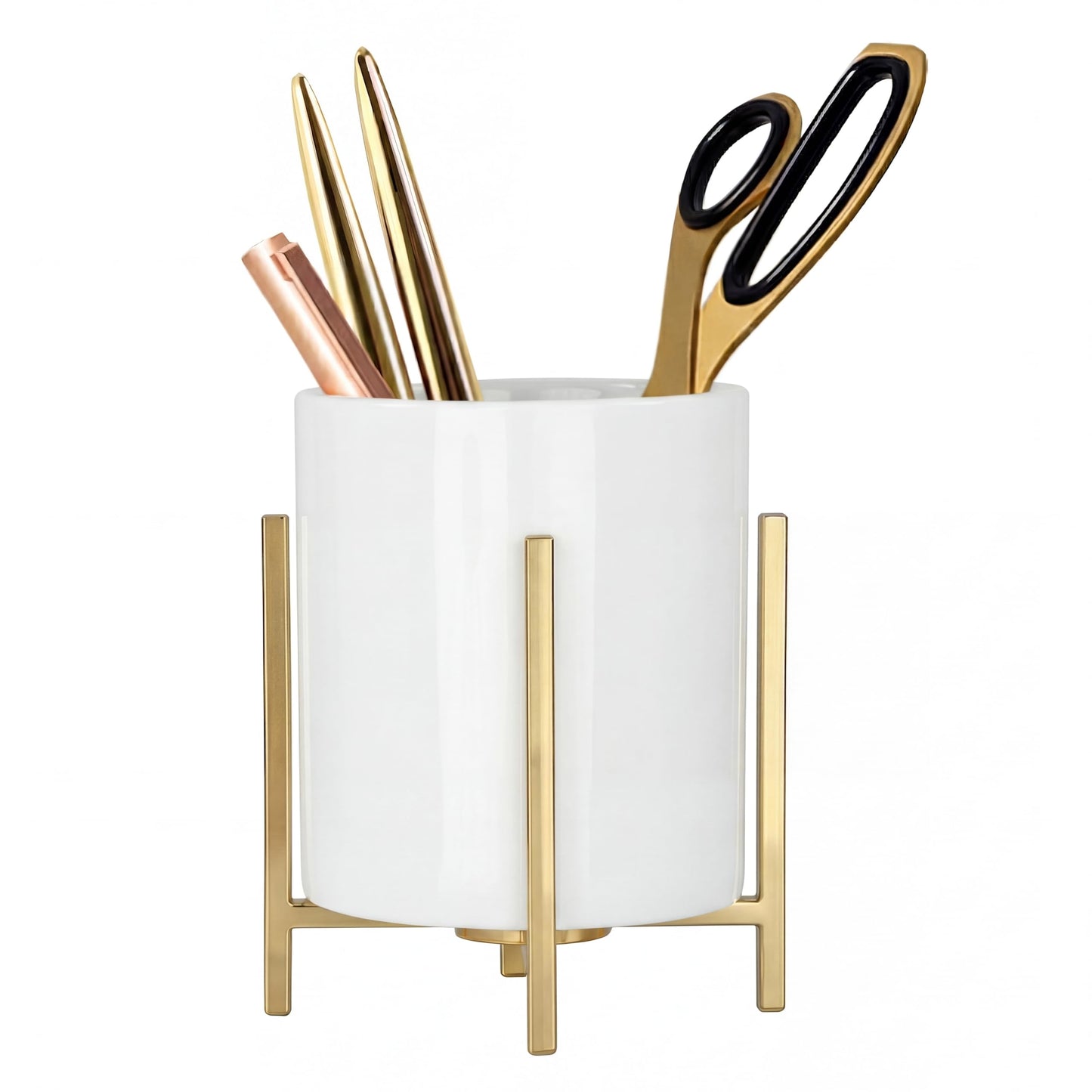 MONOSUGO 4.72" Gold Pen Holder Aesthetic Pencil Holder for Desk, Gold Desk Organizers and Accessories for Women Girls, Ceramic Pen Holder for Office