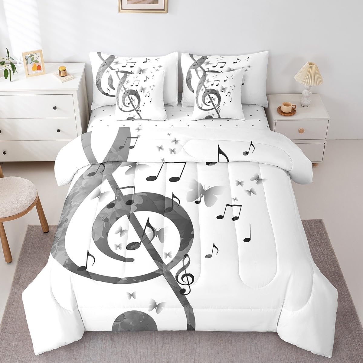 Feelyou Music Comforter Set with Sheets Queen Size Guitar Bed in a Bag for Boys Girls Teens White 7 Pieces Bedding Set Soft Lightweight Microfiber