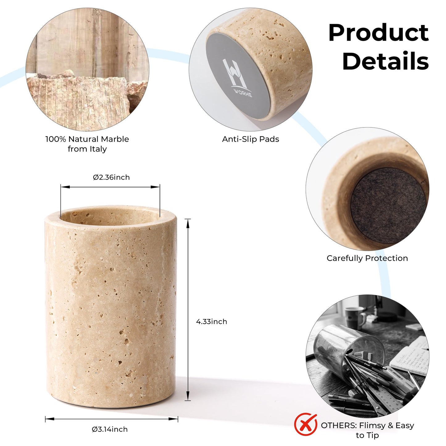 WORHE Travertine Stone Pen Holder for Desk, Handcrafted Volakas Sturdy Desk Organizer for Office Supplies Storage Desktop Stationary Makeup Brushes Cup Pencil Holders for Home Beige (WH101)