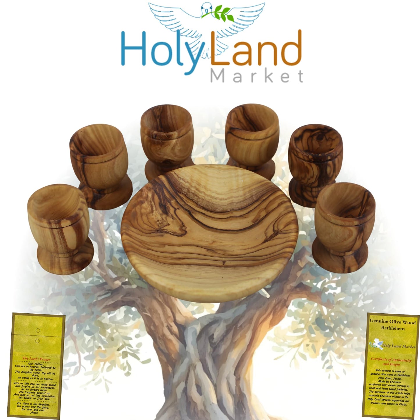 Holy Land Market Olive Wood Communion Cups & Plate Set KIddush - Communion Set Hand-Carved in Bethlehem – for Church Worship, Pastors & Ministries (Round Bowl + 6 Small Goblets)