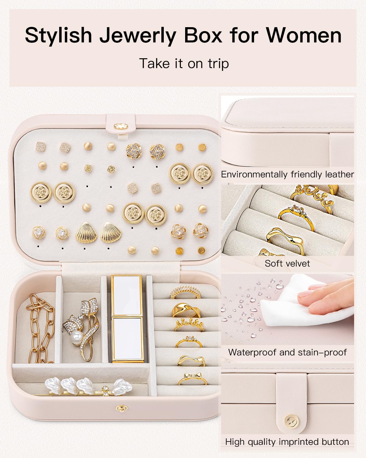 VLANDO Travel Jewelry Case, PU Leather Travel Jewelry Box with Earring Holder, Portable Display Small Jewelry Box for Mothers Day Women Girls Gift - Pink