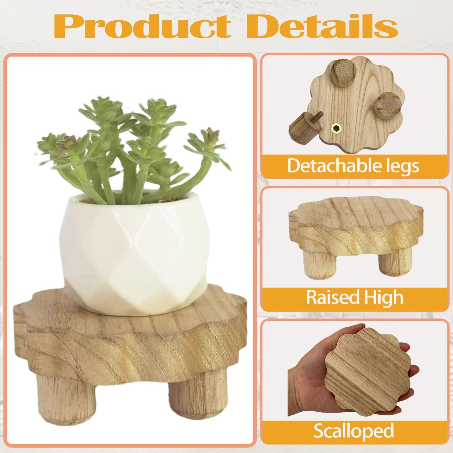DEMULANS 3 Pack Small Scalloped Wood Risers for Display ,Mini 4 Inch Wooden Stands with Removable Feet Farmhouse Rustic Decor for Table Tiered Trays Home Kitchen Decoration (mini Light Brown, 4 Inch)