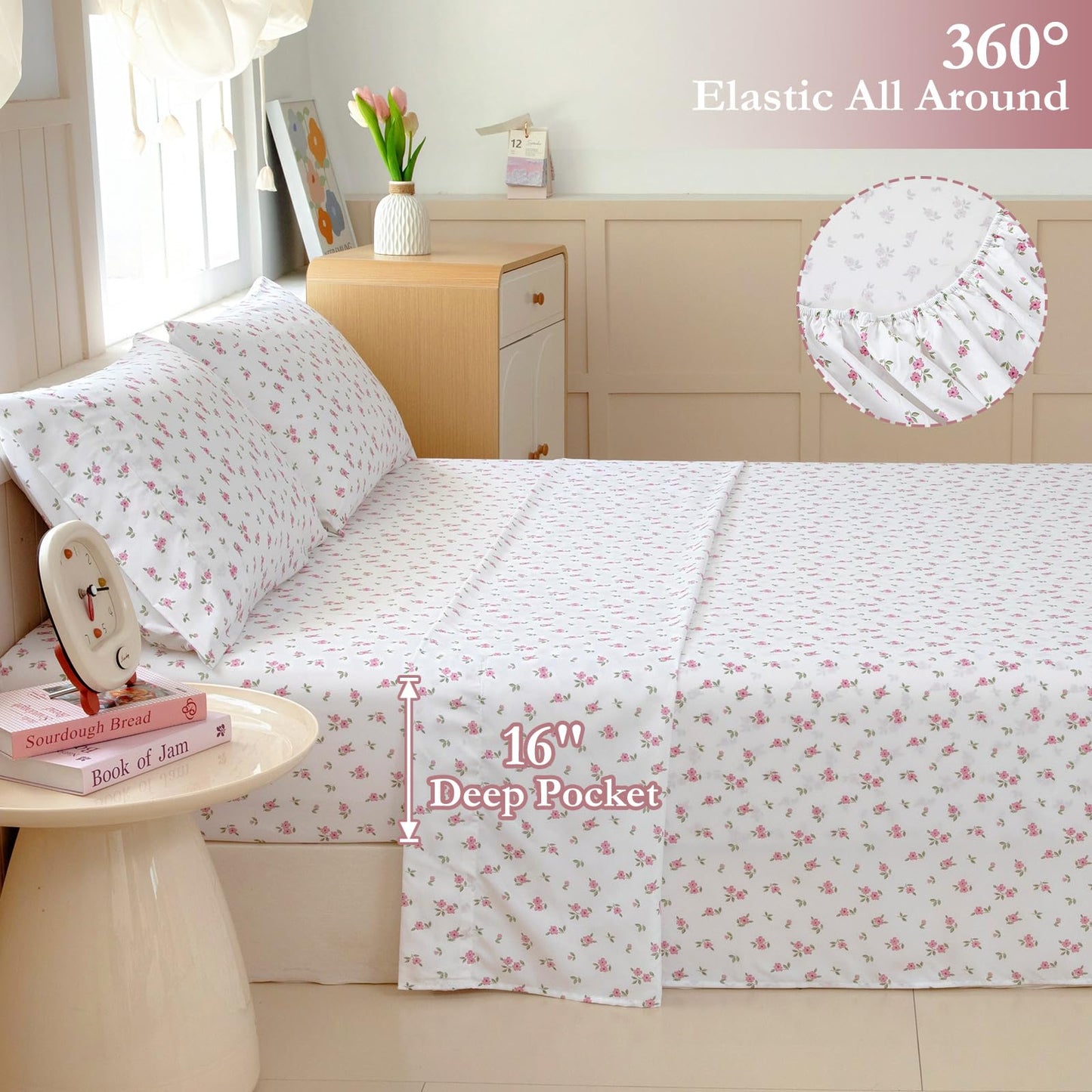 MICORAL Boho Floral Queen Sheet Set, 4-Piece Printed Botanical Bed Sheets, 16" Deep Pocket, Ultra Soft & Cooling Sheet, Oeko-TEX Certified, Pink Cute Flower