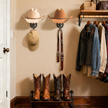 HYDERMUS Cowboy Hat Holder for Wall 2 Pack Metal Iron Cowboy Hat Rack Western Hat Hanger Horseshoe Hooks Storage Cowboy Hat Organizer Display Closet Living Room Western Gifts Wall Decor Black
