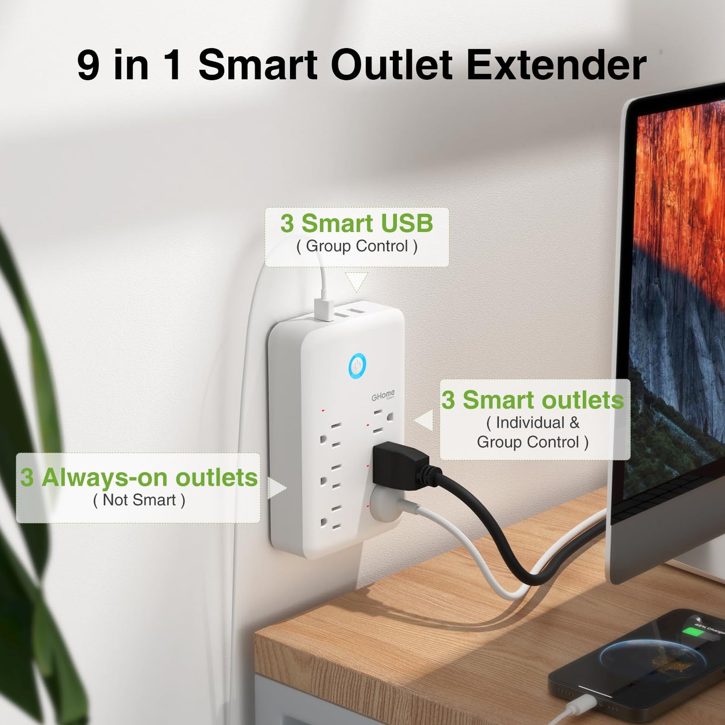 GHome Smart Plug Outlet Extender, Surge Protector with 3 Individually Controlled Smart Power Strips and 3 Smart USB Ports, Smart Plugs that Works with Alexa Google Home, Smart Outlet, 15A/1800W, Black