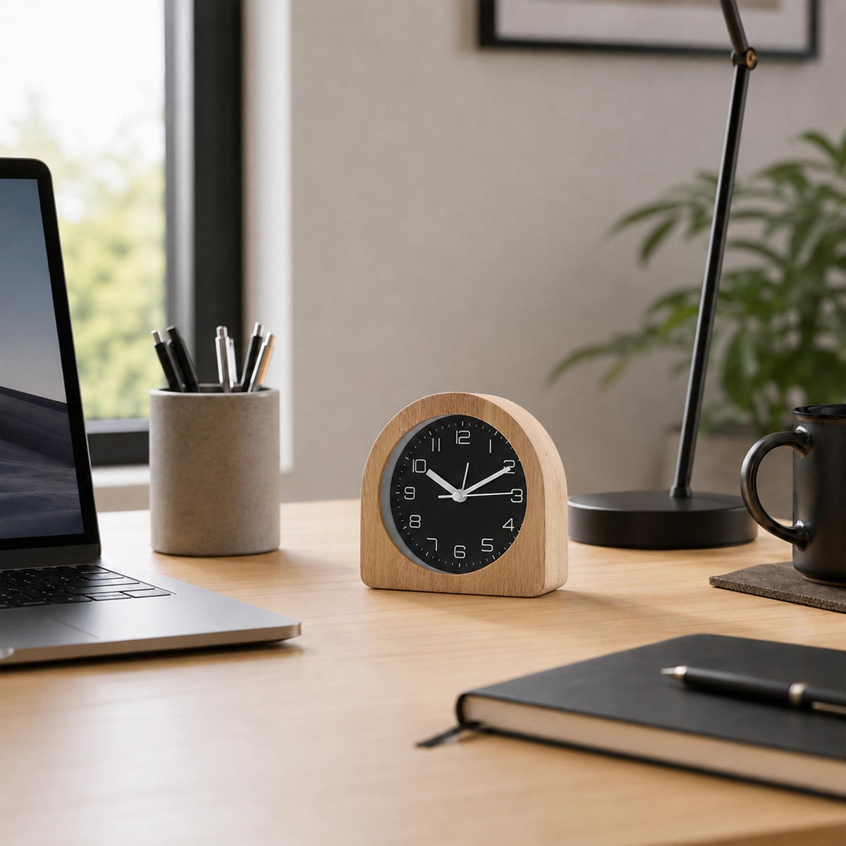 bakbrand Analog Alarm Clock 5" Silent Non-Ticking Small Solid Wood Desk Clocks Battery Operated Simple Style Retro Table Clock for Office/Bedroom/Kitchen/School/Bedside/Shelf (Light Wood, Arch)