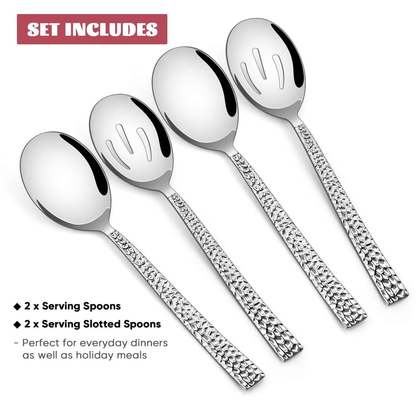 E-far Hammered Serving Spoons, 4-Piece Stainless Steel Serving Utensils Set Includes Slotted & Solid Spoons, Metal Hostess Tablespoons for Catering Buffet Party Kitchen Restaurant
