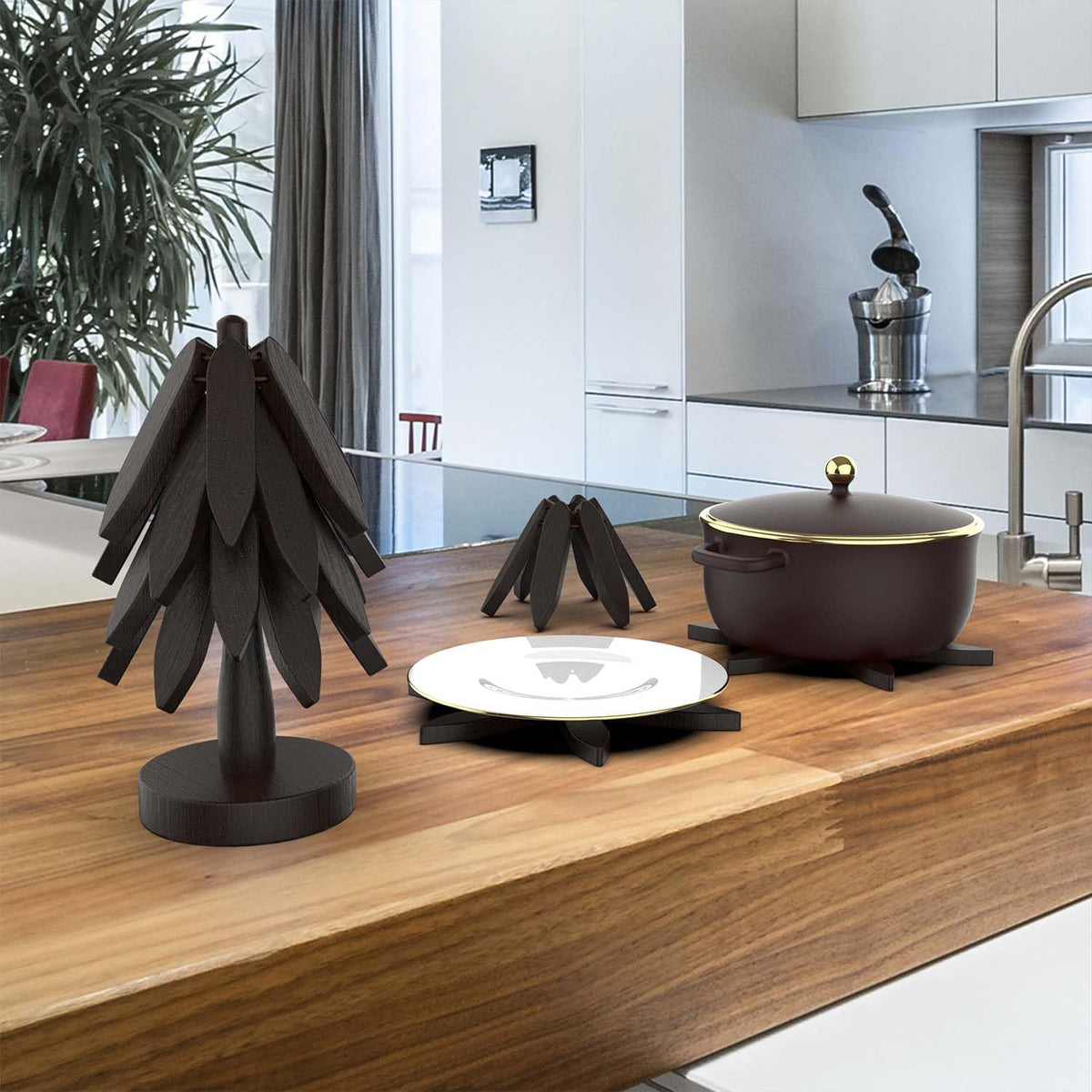 Wooden Trivets for Hot Dishes,Tree Shape Trivet Set, 4 Wooden Trivets+1 Stand, Natural FoldableKitchen Wooden Trivet for Hot Dishes、Pot、Bowl、Teapot、Hot Pot Holders (Black)