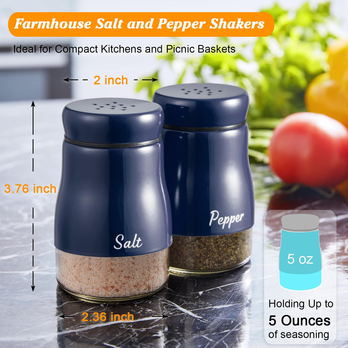 Navy Blue Salt and Pepper Shakers Set, Bivvclaz 5 Ounce Salt and Pepper Dispenser with Glass Bottom, Cute Salt and Pepper Shakers for Blue Kitchen Decor and Accessories
