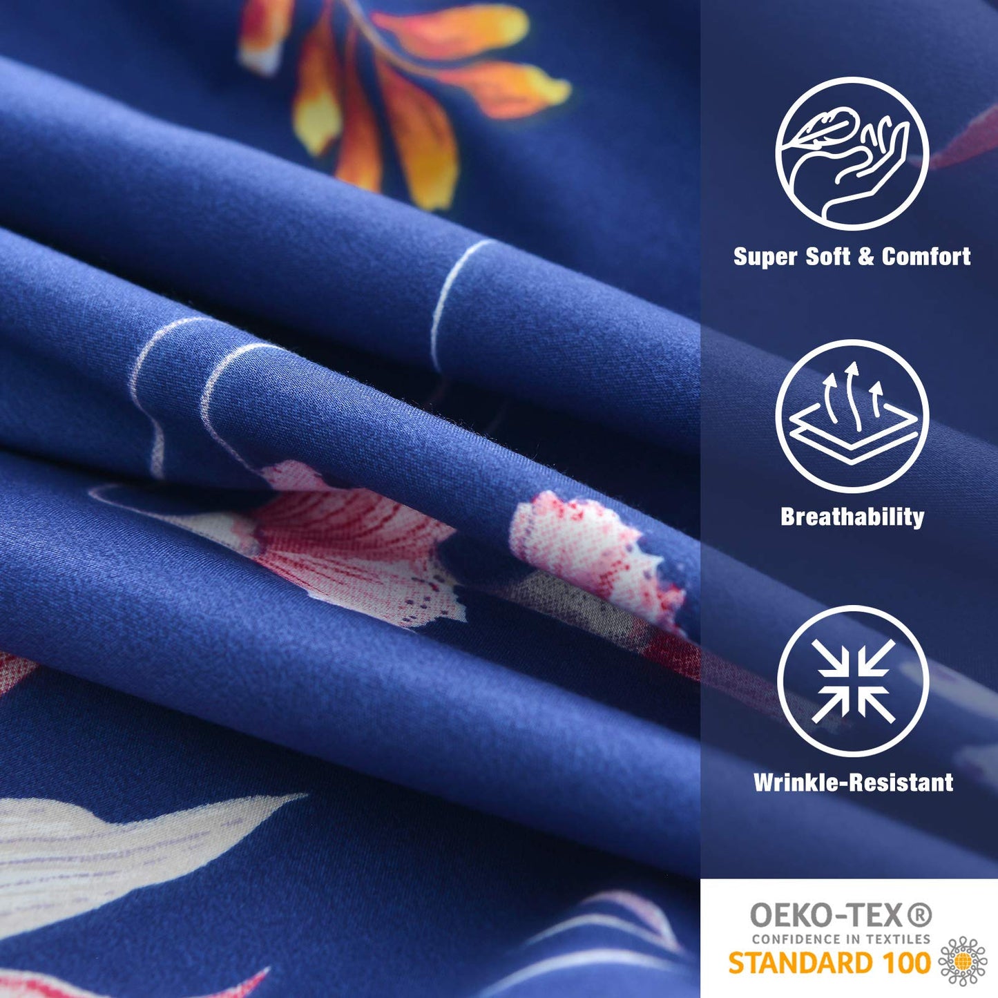 JSD Navy Blue Floral Printed Sheet Set Queen 6 Piece, Soft Microfiber Botanical Pattern Bed Sheets Extra Deep Pocket