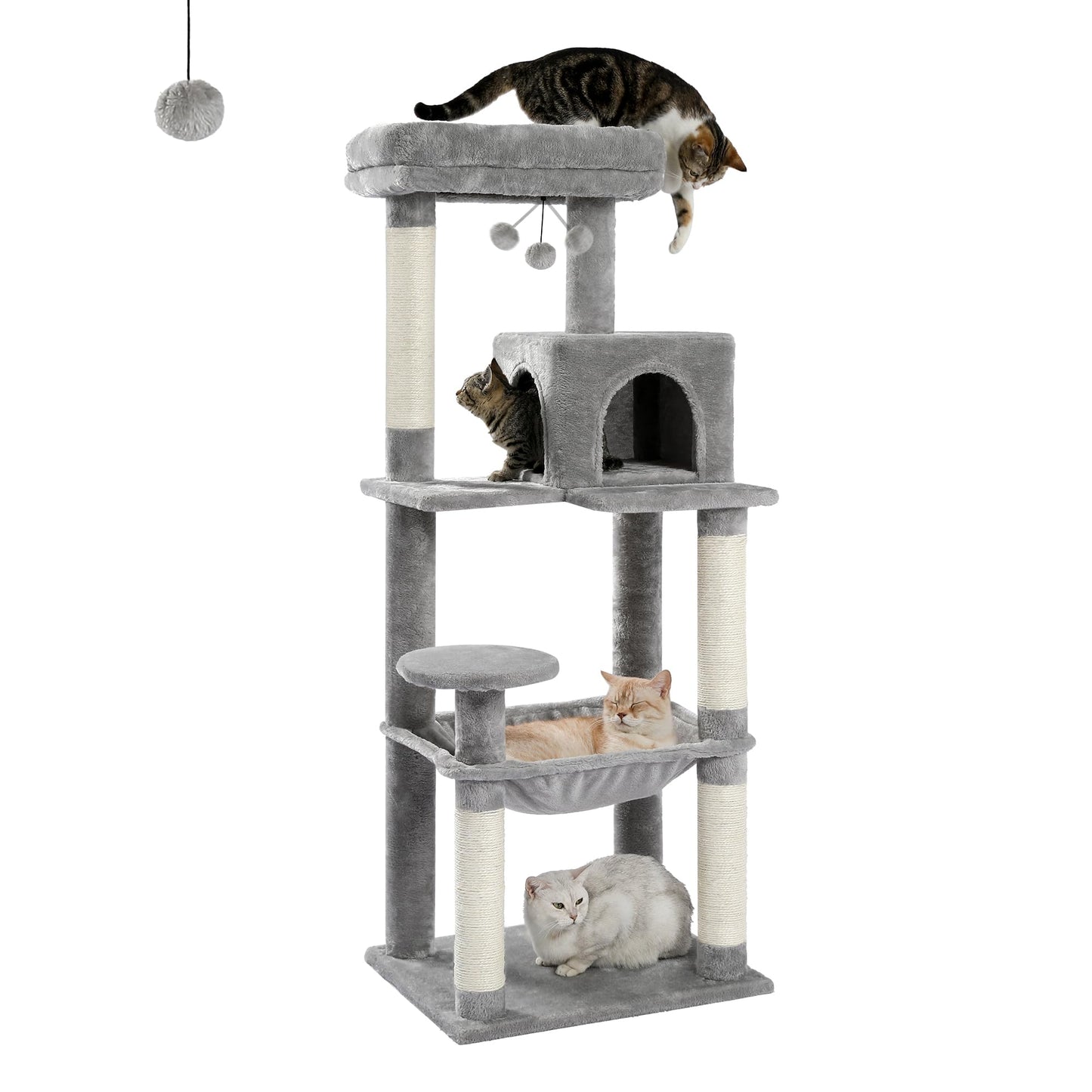 PAWZ Road 143cm Cat Tree for Indoor Cats with Metal Frame Large Hammock, 56.3 Inches Big Cat Tower with Scratching Posts and Top Perch, 4.7ft Multi-Level Activity Center with Replaceable Pompon, Grey