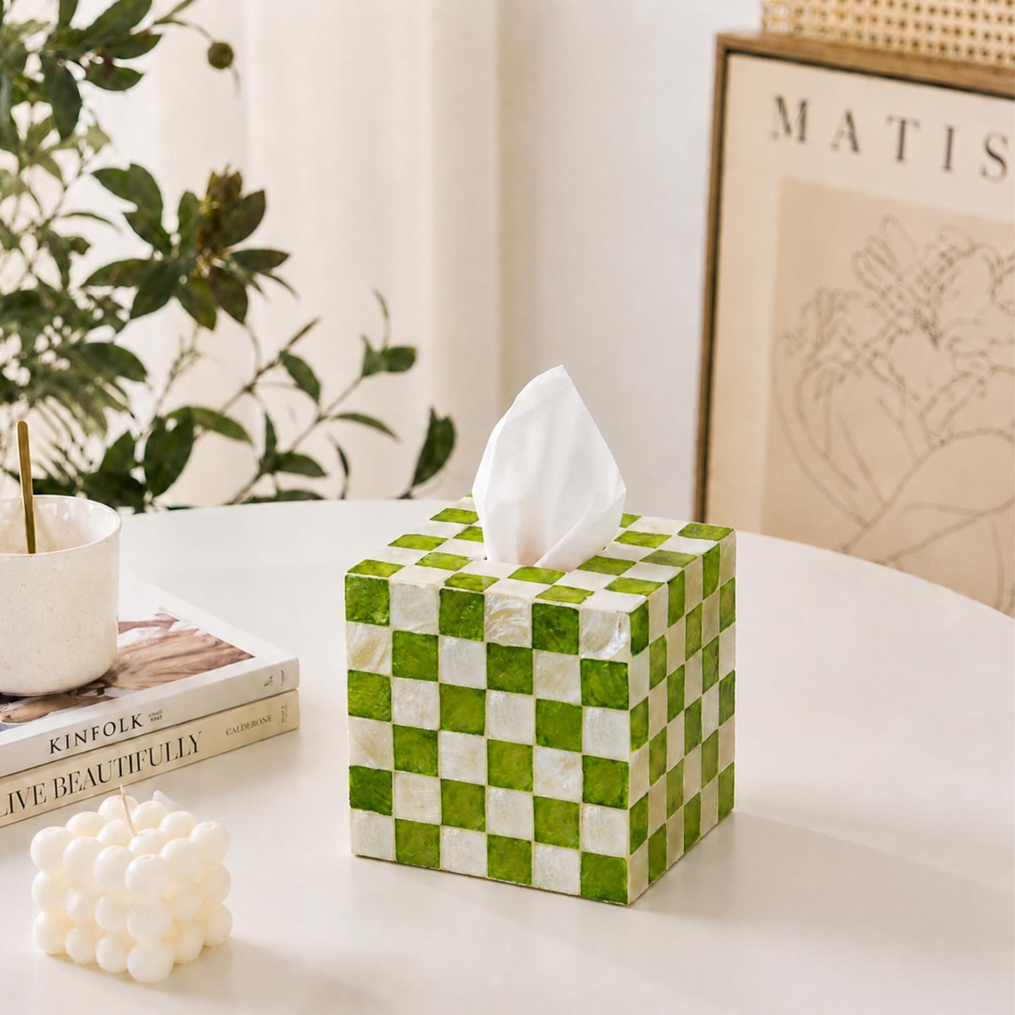 5.7" Square Tissue Box Cover for Kleenex and More, Handmade Green & White Checkered Capiz Shell Tissue Holder, Decorative Cube Tissue Box Cover for Bathroom, Living Room, Bedroom or Office (Natural)