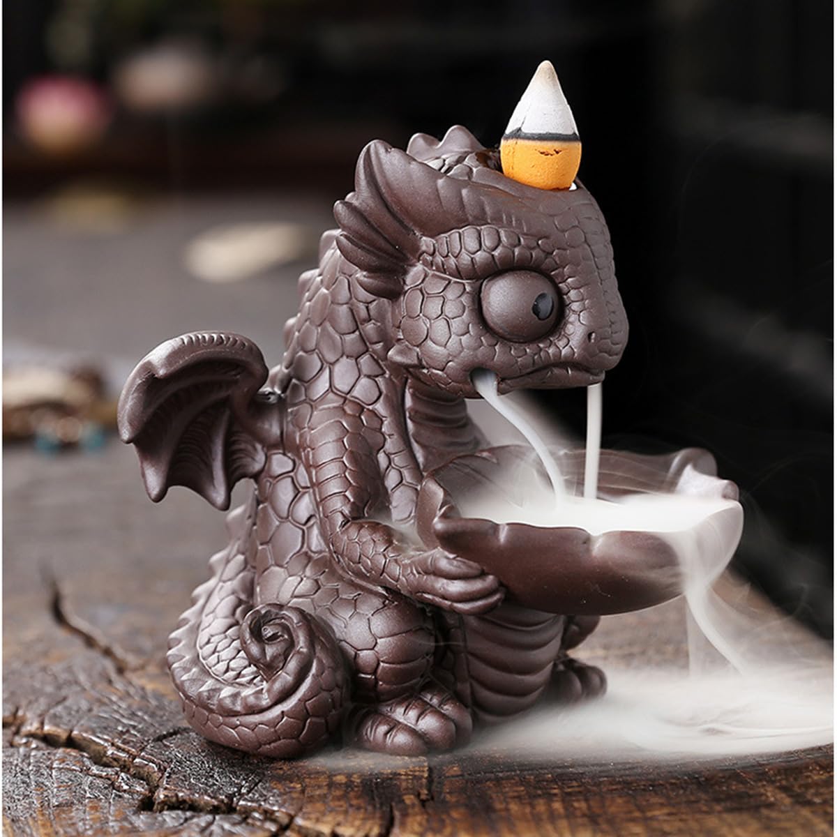 Ceramic Dragon Incense Burner, Cute Dinosaur Backflow Incense Holder with 20 Incense Cones, Tweezers, Mat, Aromatherapy Home Decoration for Spa Yoga Meditation (Brown)