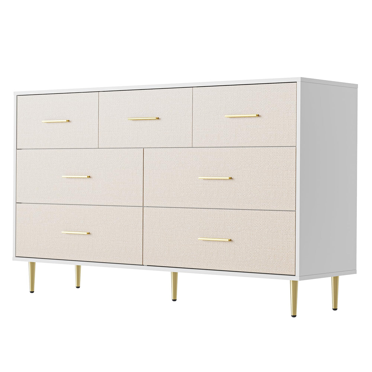Garvee White Dresser, Modern 7 Drawer Dresser for Bedroom with Gold Handle and Legs, Wooden Nightstand with Linen-Textured Surface, Narrow Accent Cabinet End Table for Living Room, Hallway, Entryway