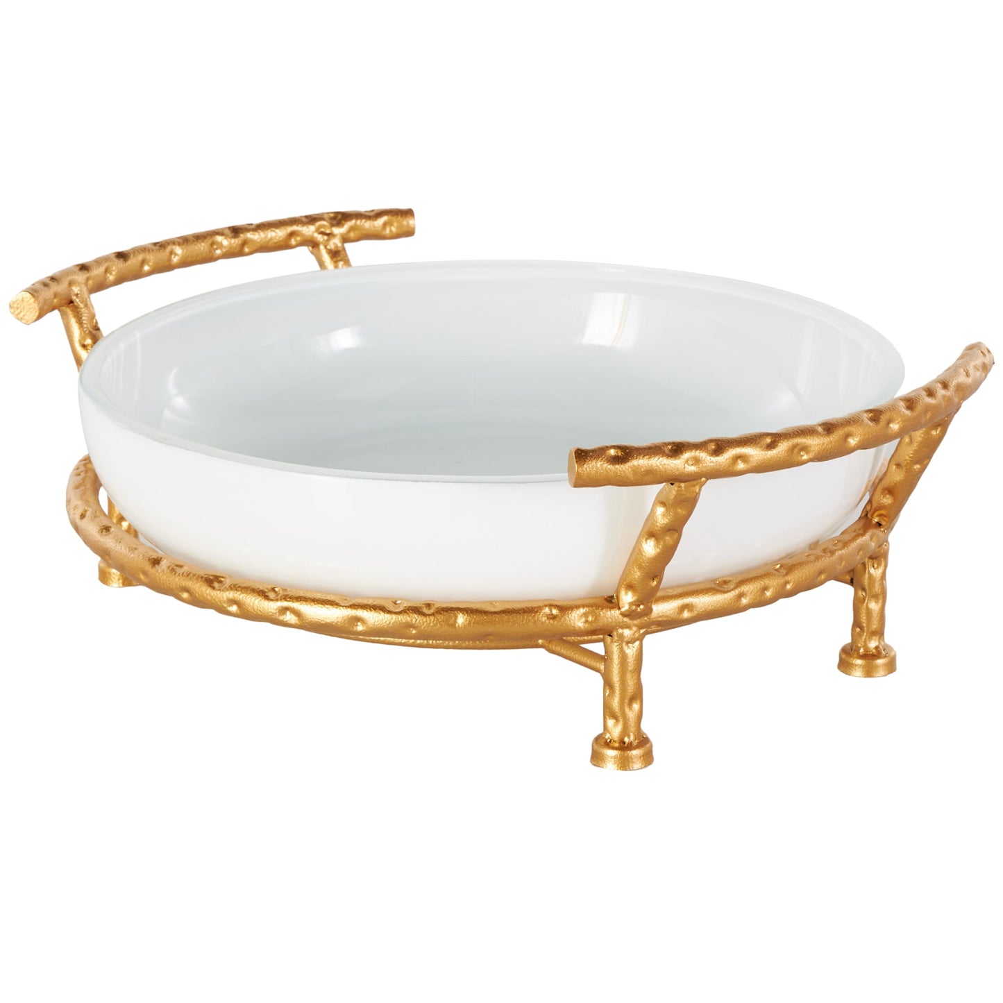 Deco 79 Tempered Glass Kitchen Serving Bowl with Gold Metal Stand, 15" x 12" x 5", White